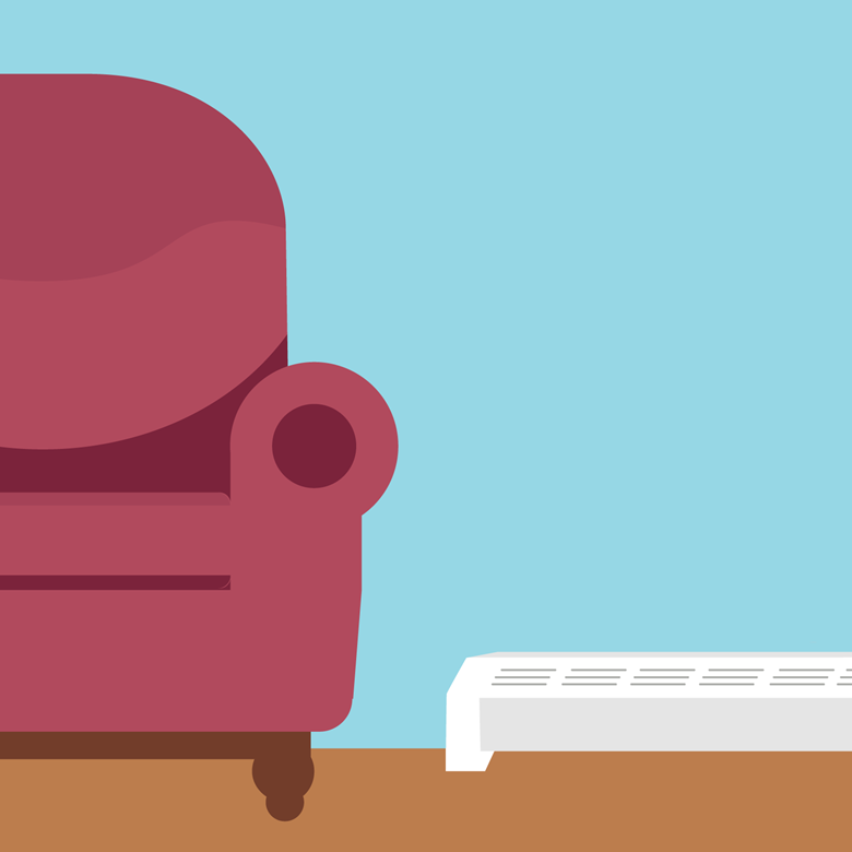 illustration of a red armchair next to a baseboard heating system