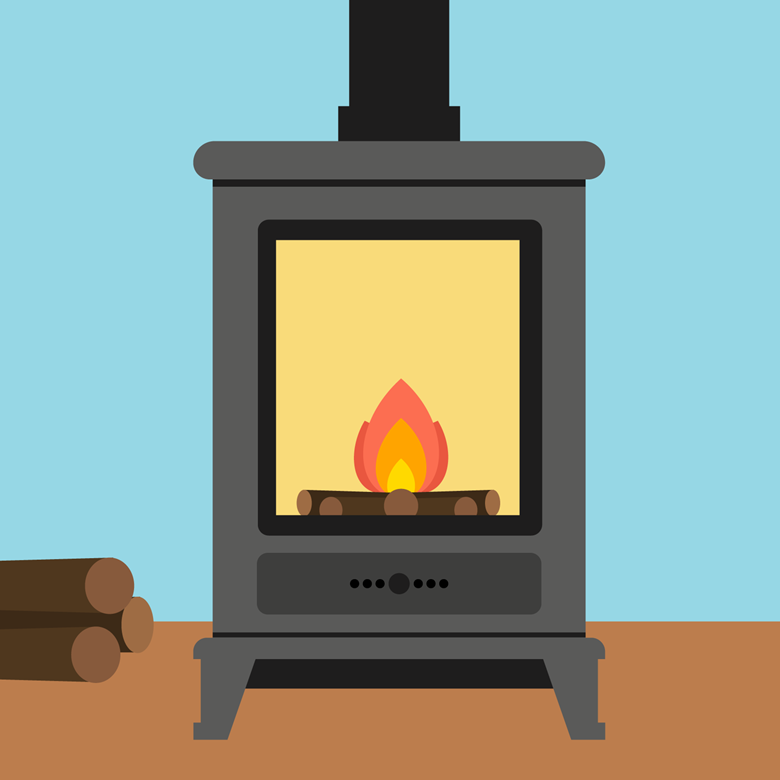 illustration of a wood stove with a fire burning
