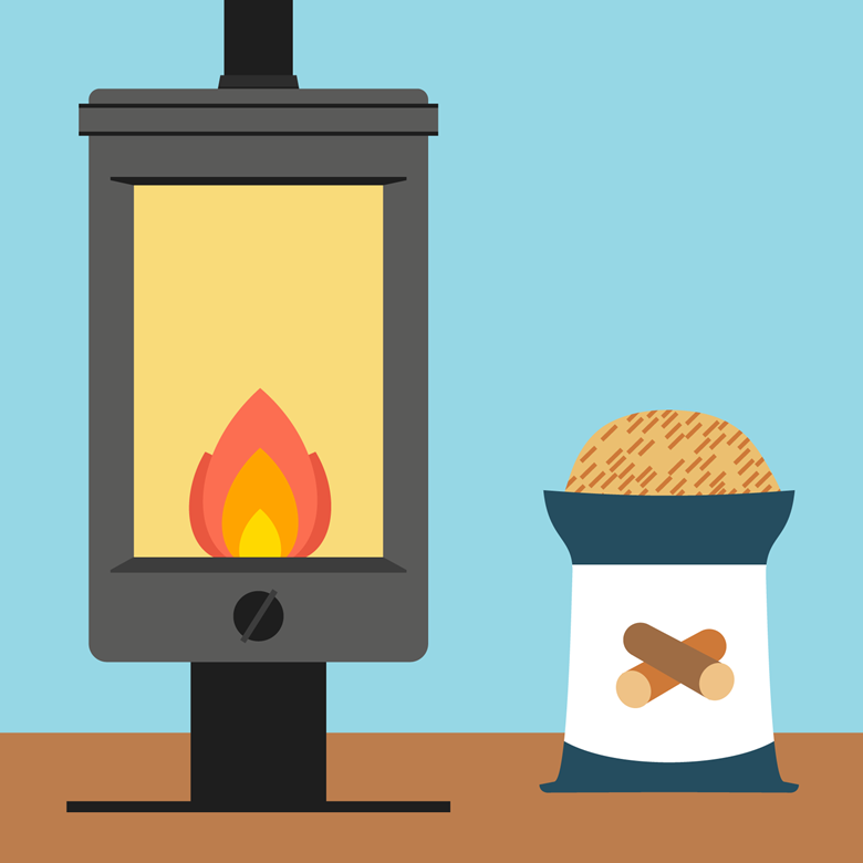 illustration of a pellet stove with a fire burning inside