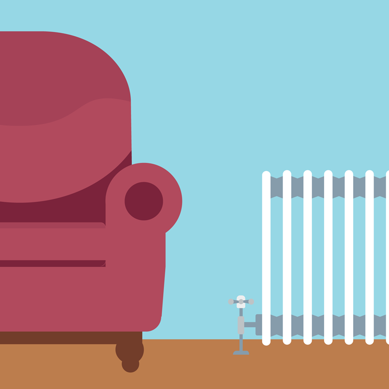 illustration of a red armchair next to a radiator as a heating system