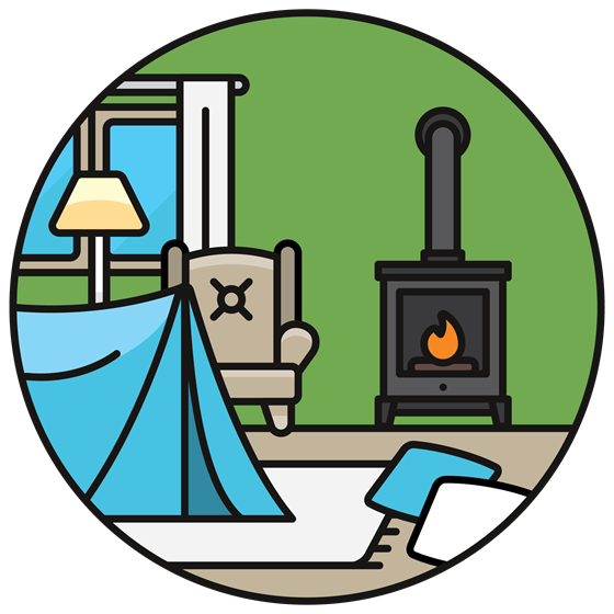 a cartoon of a tent next to a woodstove