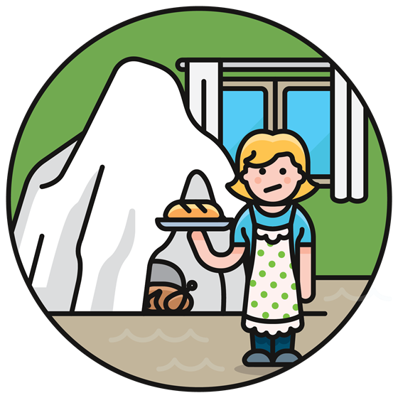 a cartoon of a person storing food in an ice cave